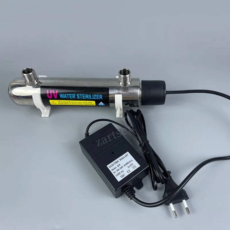 Aqua Zoom 12W stainless steel UV water sterilizer lamp for RO systems, aquariums, and drinking water purification.
