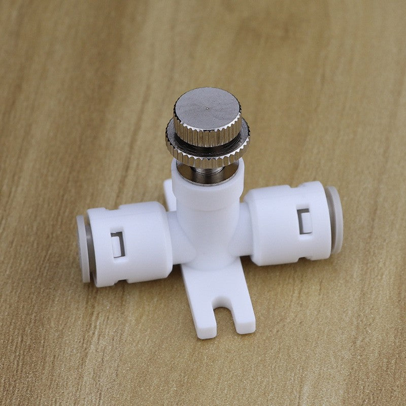 Aqua Zoom 1/4" RO water flow control valve with connector fitting, plastic adjustable regulator for reverse osmosis systems.