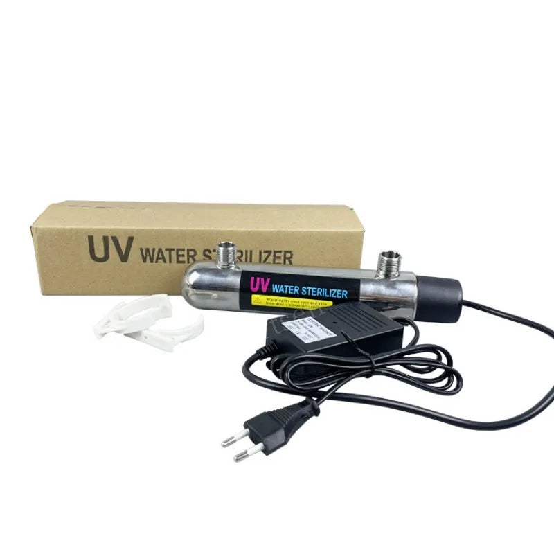 Aqua Zoom 12W stainless steel UV water sterilizer lamp for RO systems, aquariums, and drinking water purification.