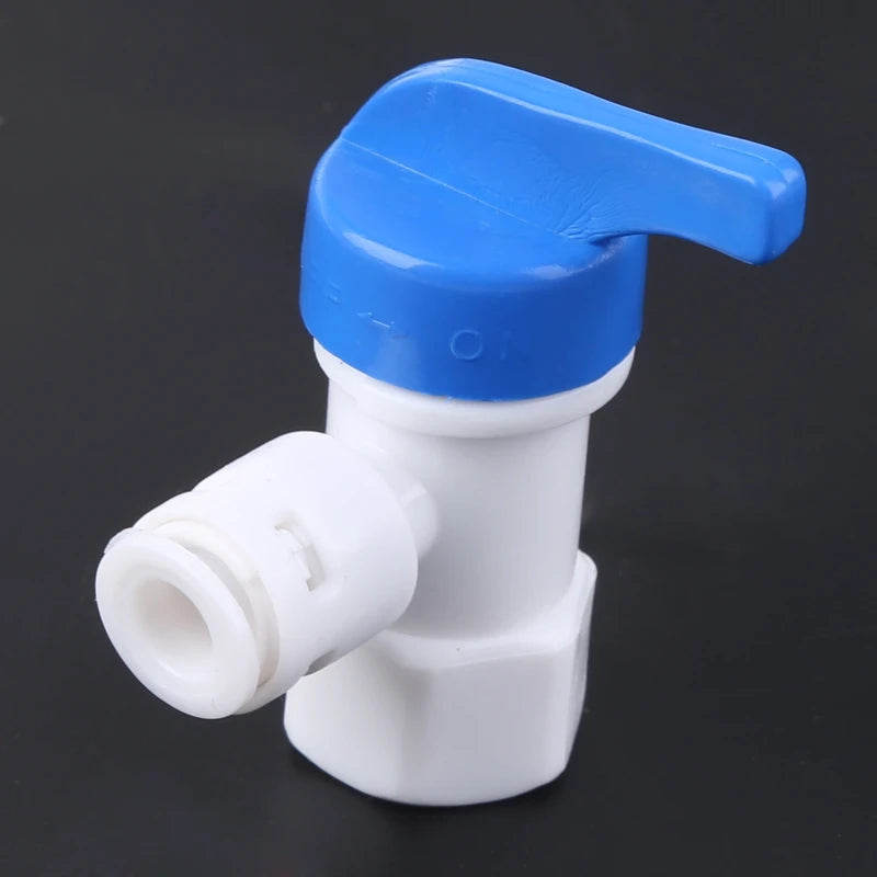 Aqua Zoom tank angle ball valve for 1/4 inch tube, used in reverse osmosis water filter systems, with metal handle and fittings.