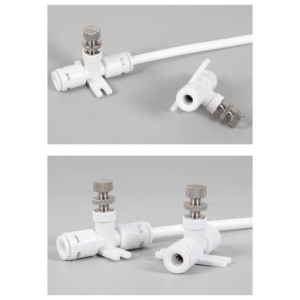 Aqua Zoom 1/4 inch manual needle valve made of food-grade plastic with quick connect fittings for water flow regulation in RO systems.