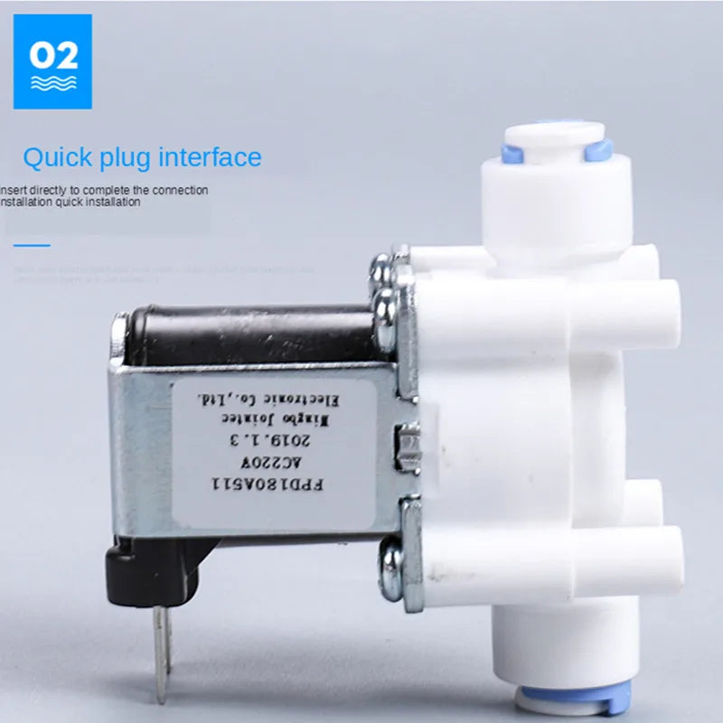 AQUA ZOOM DC 24V electric solenoid valve for water filters, showing the 1/4" inlet and outlet ports in a compact metal body.