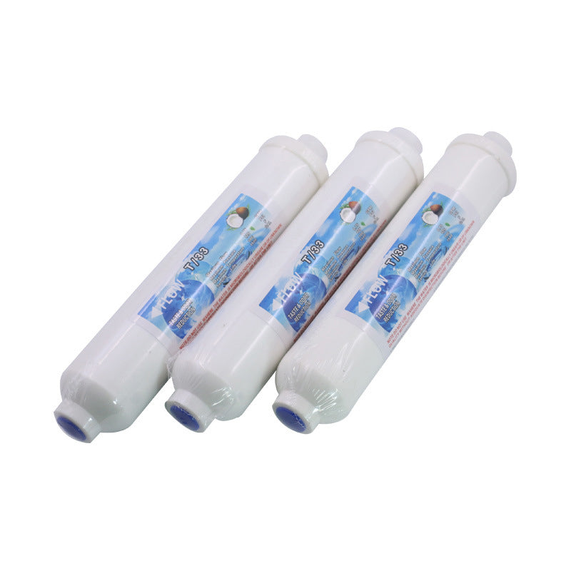 Aqua Zoom T33 Post Carbon Filter Cartridge for inline RO and ice maker water filtration, with 1/4" quick-connect fittings.