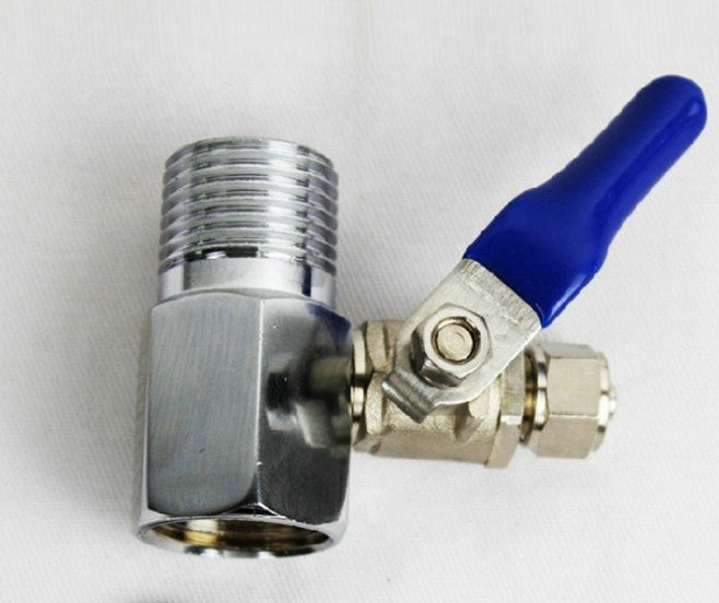 Aqua Zoom 1/2 and 1/4 inch metal three-way ball valve for water filter systems, showing the valve with handle and pipe fittings.
