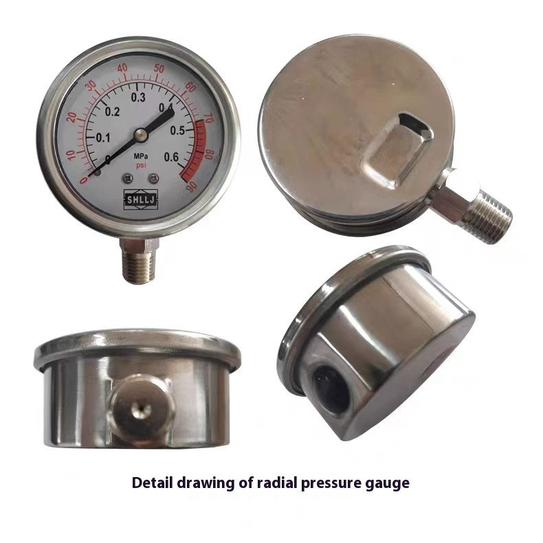 Aqua Zoom stainless steel water treatment pressure gauge with corrosion-resistant core for oil injection and shock resistance, used in water filters.