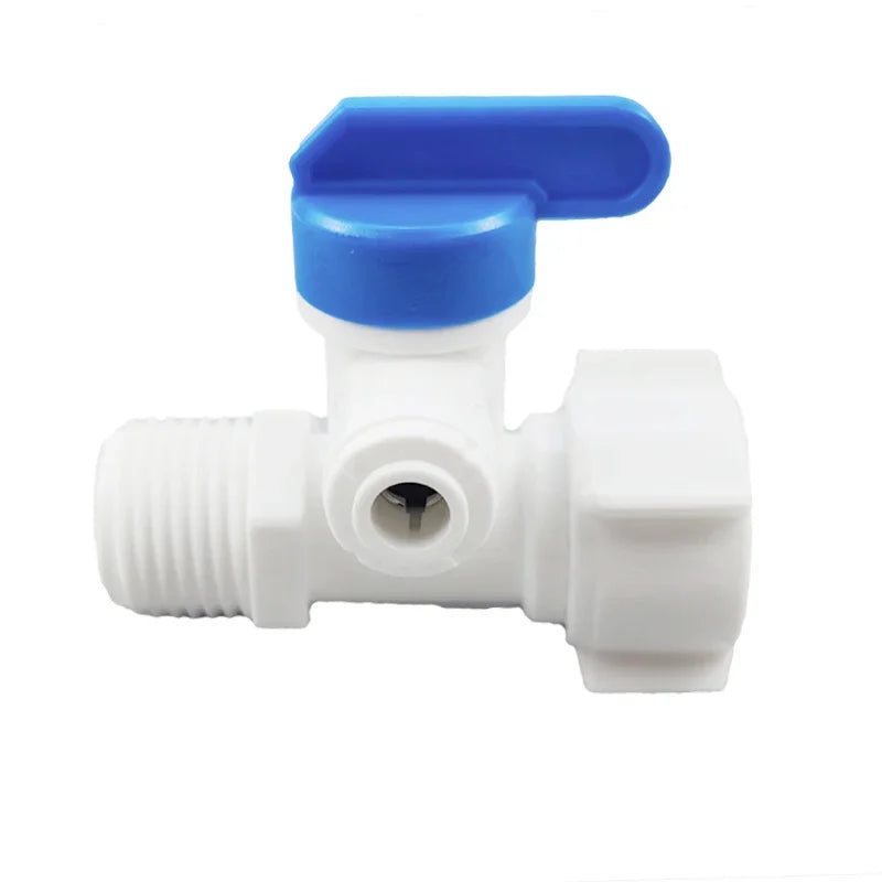 Aqua Zoom 1/2" Thread RO Feed Ball Valve Adapter with 1/4" and 3/8" tube connectors for water filter systems.
