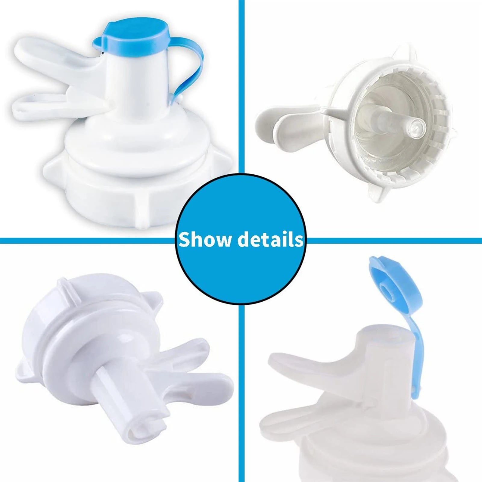 AQUA ZOOM reusable water dispenser spigot faucet attached to a gallon water bottle, showing leakproof design for drinking water.