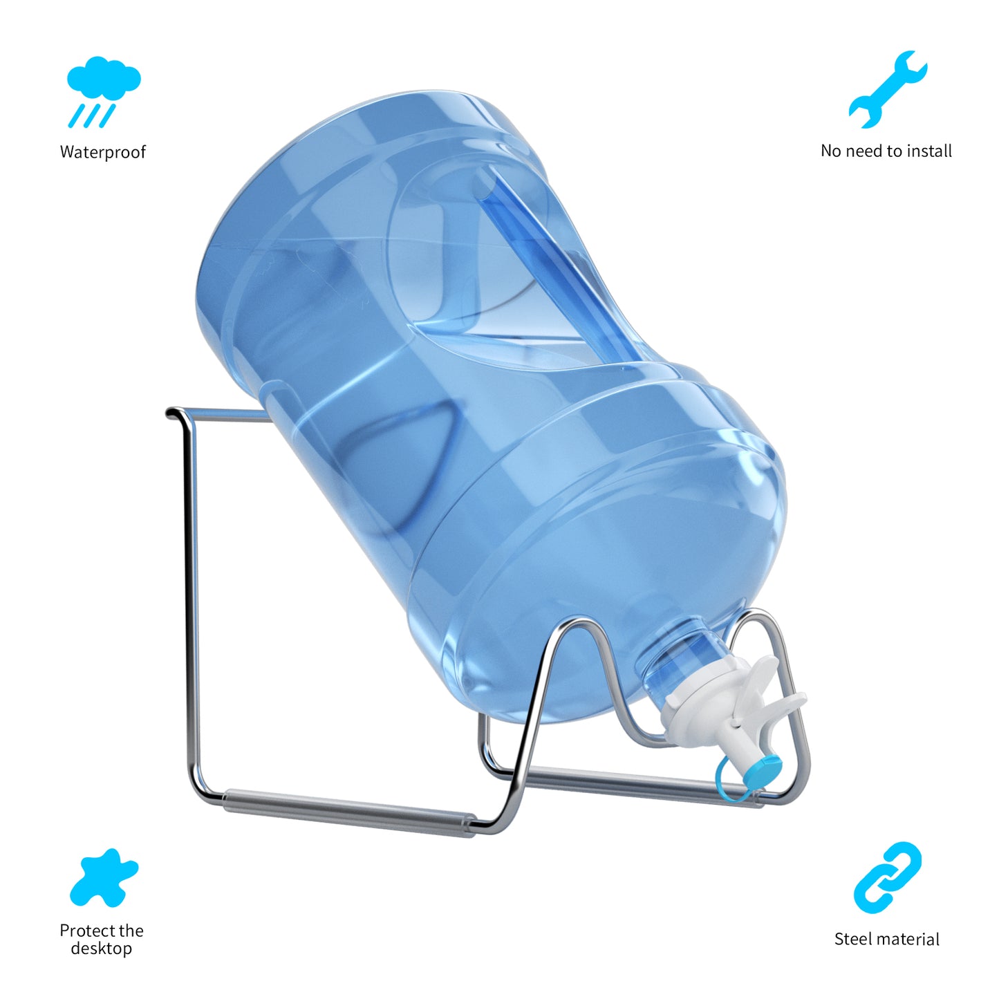 Blue metal wire 5-gallon water bottle stand with nozzle, designed for AQUA ZOOM water bottles on kitchen or office countertops.