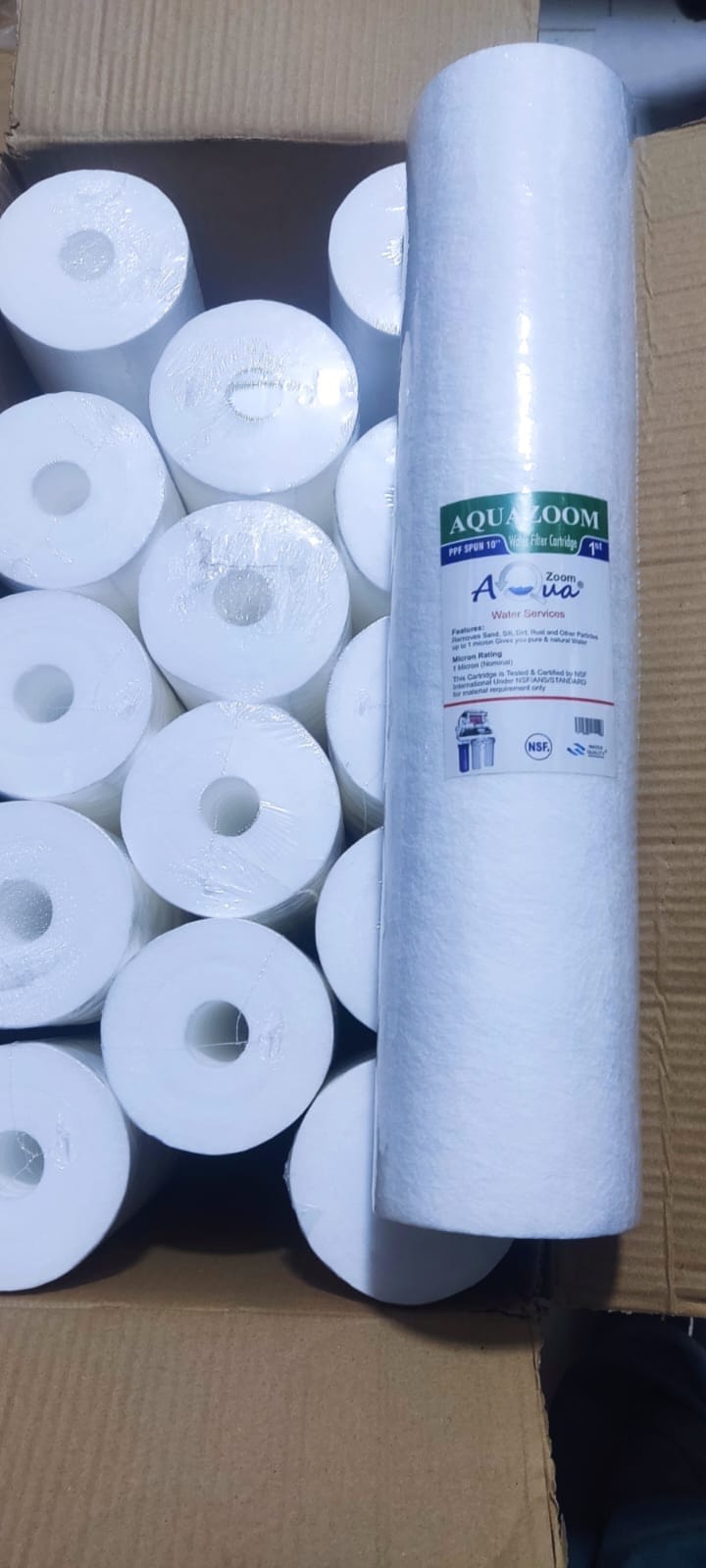 AQUA ZOOM jumbo 20-inch 1-micron PPF water filter for clean, pure drinking water in home or commercial water filtration systems.