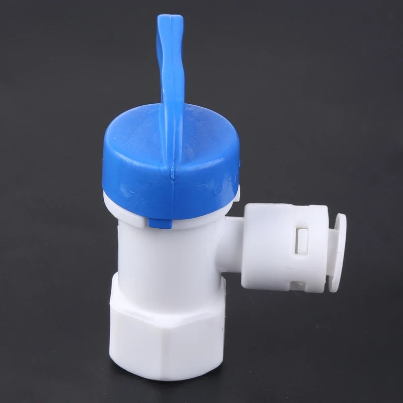 Aqua Zoom 1/4 inch tank angle ball valve for reverse osmosis water filter system, shown attached to tubing.
