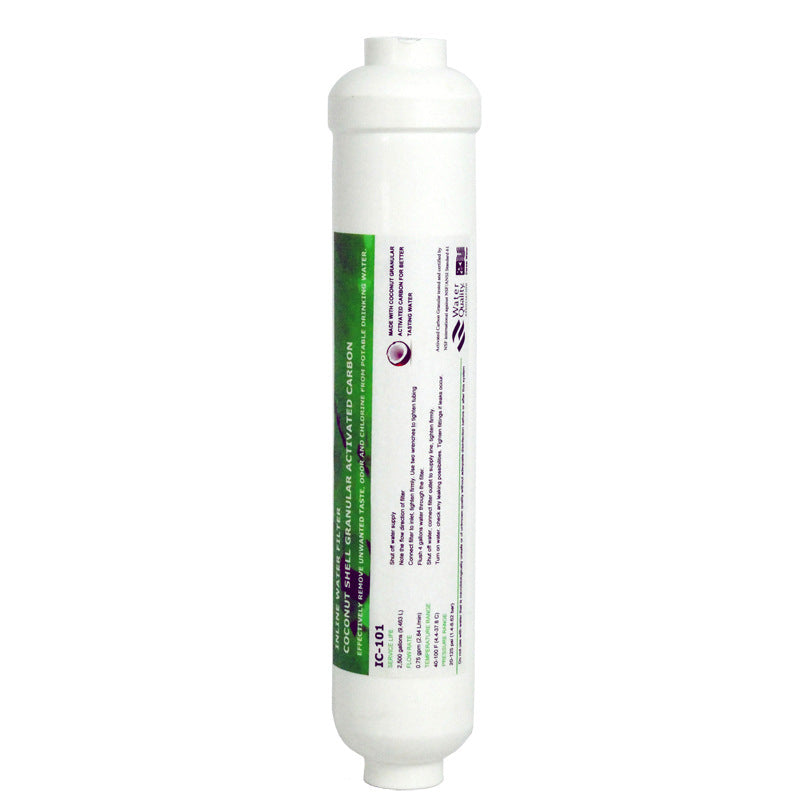 Aqua Zoom T33 Post Carbon Filter Cartridge with 1/4" quick-connect for in-line RO and ice maker water filtration system.