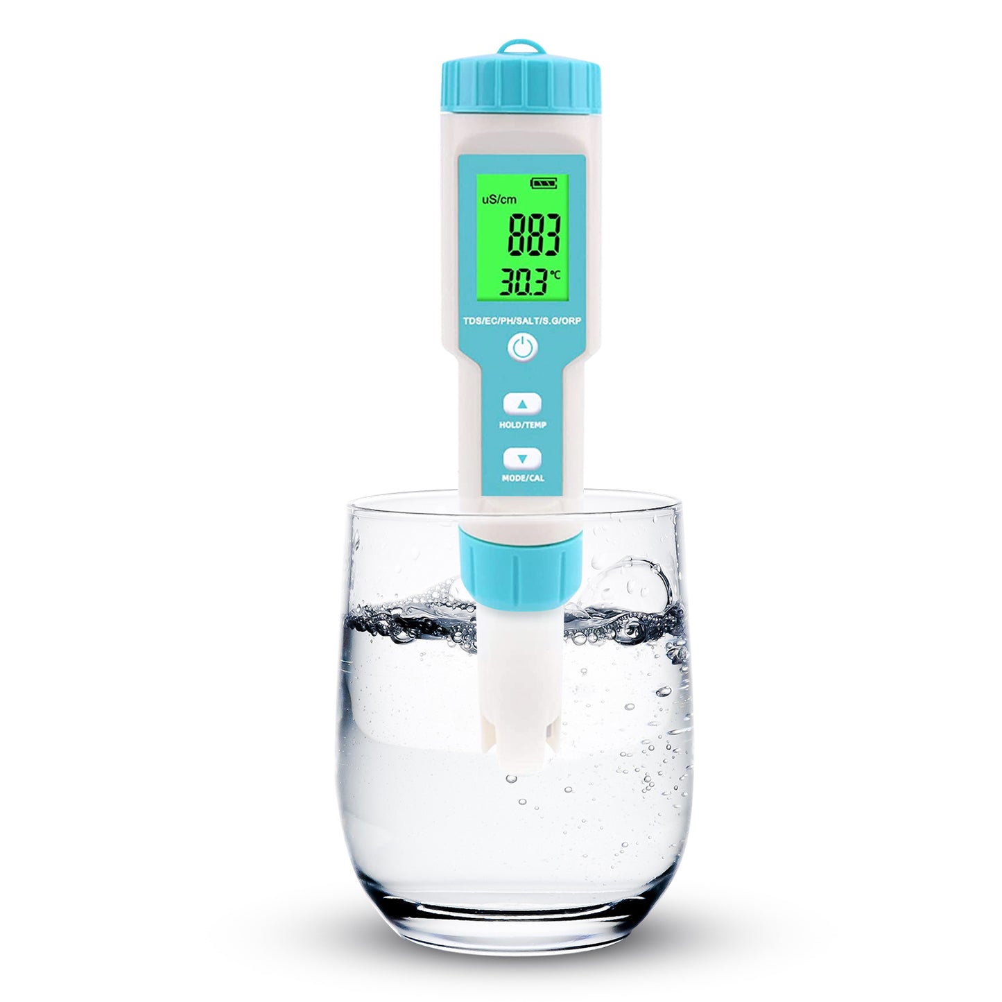 Aqua Zoom 7-in-1 digital water quality tester with HD display measuring pH, TDS, EC, salinity, and more.