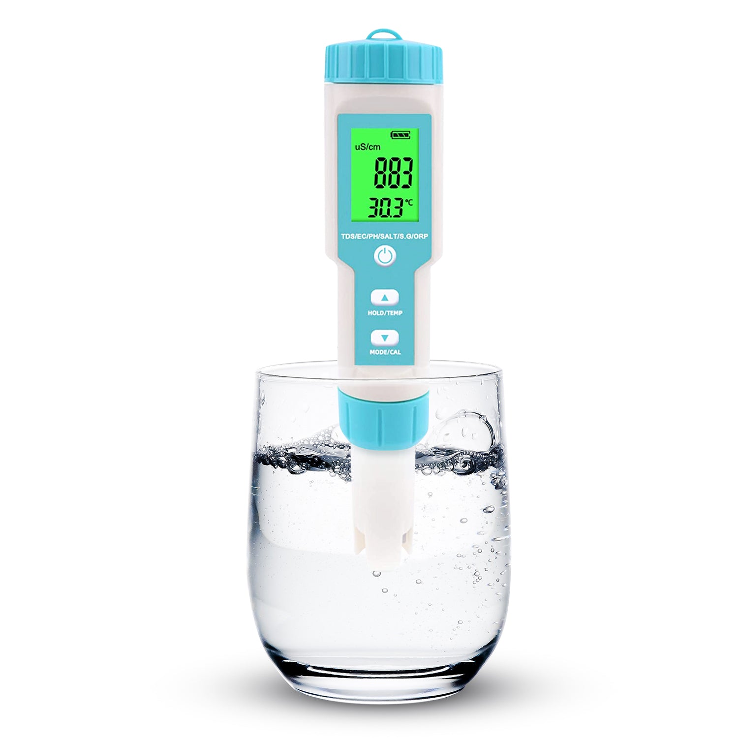 Aqua Zoom 7-in-1 digital water quality tester with HD display measuring pH, TDS, EC, salinity, and more.