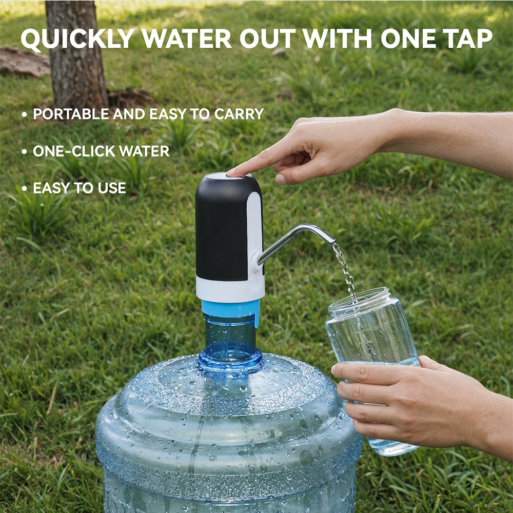 Aqua Zoom automatic rechargeable electric water dispenser pump attached to a water bottle, portable one-touch bottle pump for easy use.