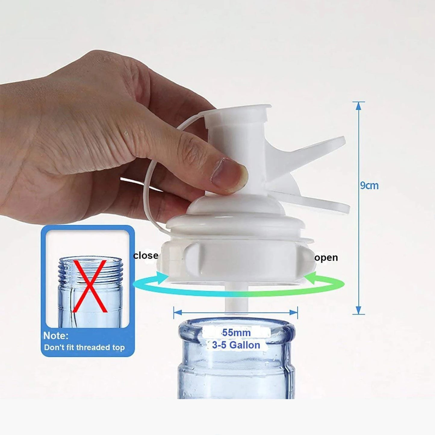 Aqua Zoom reusable water dispenser spigot faucet attached to a gallon water bottle, leakproof drinking water tap for home or office use.