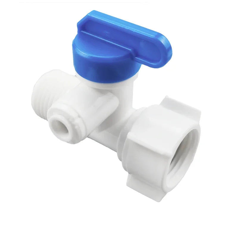 Aqua Zoom 1/2" Thread RO Feed Ball Valve Adapter with 1/4" and 3/8" tube connectors for reverse osmosis water filter systems.