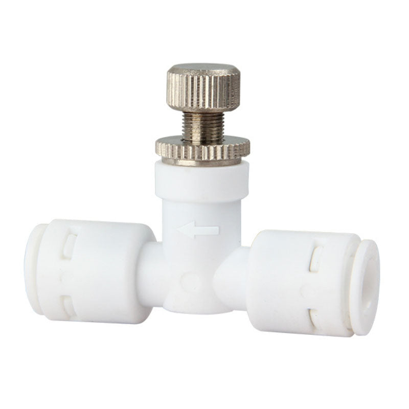 Aqua Zoom 1/4 inch manual needle valve with quick connect fittings, food-grade plastic, for adjustable water flow control in RO systems.