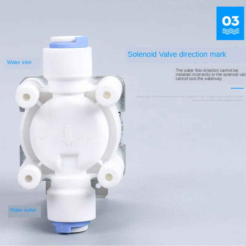 Aqua Zoom DC 24V electric solenoid valve for water filters, 1/4 inch inlet, normally open/close, used in RO systems and water purifiers.