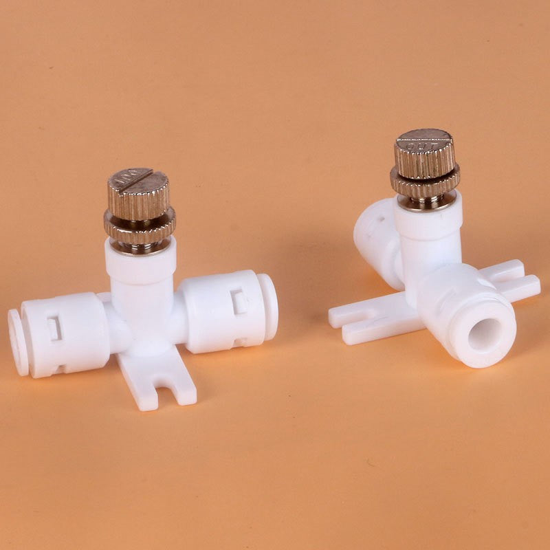 Aqua Zoom 1/4" RO water flow control valve with connector fitting, adjustable electric plastic speed regulator for reverse osmosis systems.