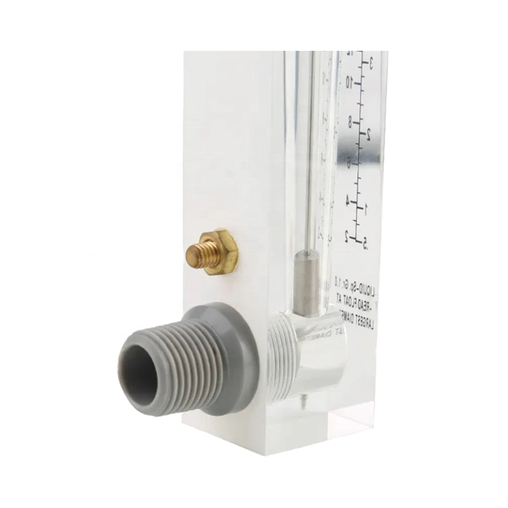 AQUA ZOOM water filter accessories: PVC flow meter with Barral nipple, available in 10 Gpm and 5 Gpm flow options.