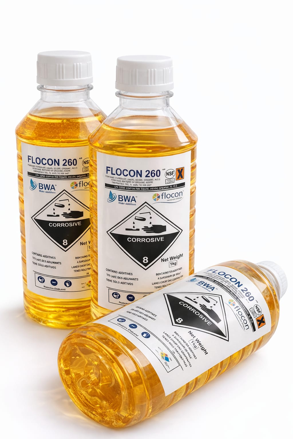 Aqua Zoom Antiscalant Flocon 260 bottle for RO water treatment, scale inhibitor chemical for mineral and water plant filtration systems.