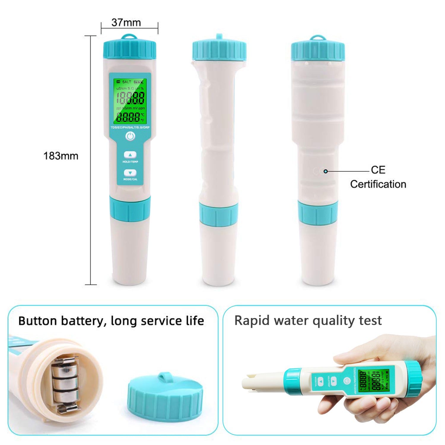 Aqua Zoom 7-in-1 digital water quality tester with HD display, showing pH, TDS, EC, and salinity measurements in a close-up shot.