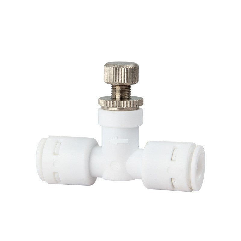 Aqua Zoom 1/4" RO water flow control valve with connector fitting, adjustable electric plastic speed regulator for reverse osmosis systems.