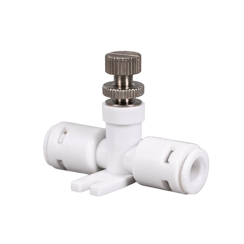 AQUA ZOOM 1/4 inch manual needle valve with plastic quick connect for water flow regulation in RO systems, adjustable flow control