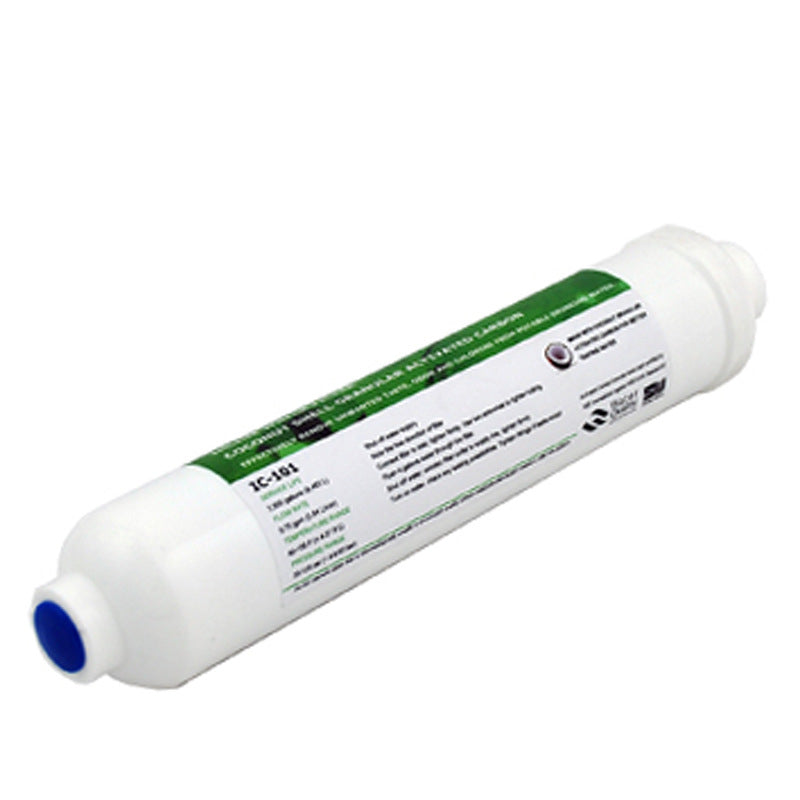 Aqua Zoom T33 post carbon filter cartridge for inline RO and ice maker water filtration, with 1/4" quick-connect fitting.