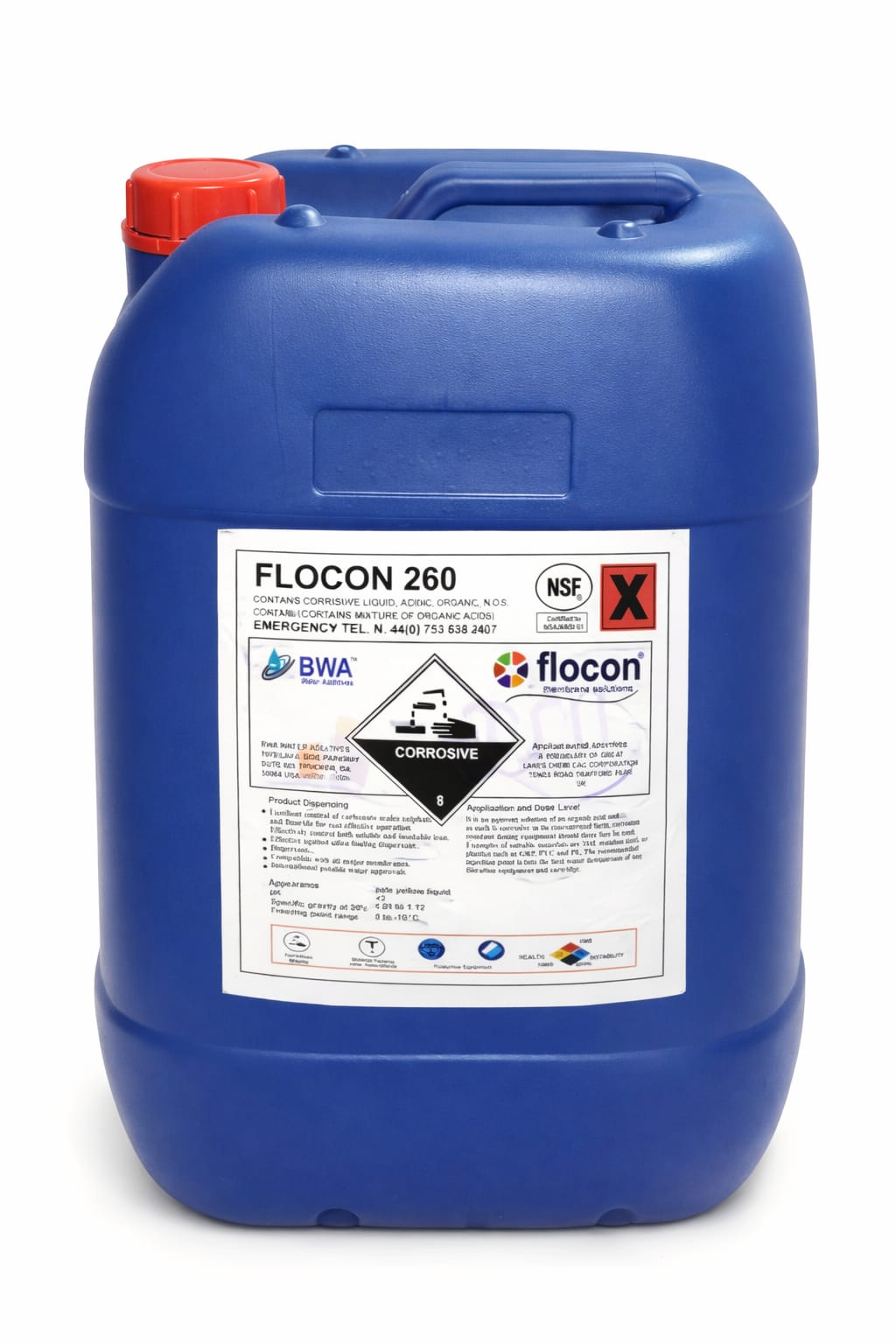 AQUA ZOOM Antiscalant Flocon 260 for RO water treatment systems, bottle of high-performance scale prevention chemical for filtration.