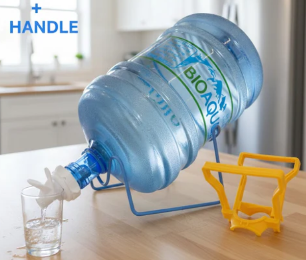 Aqua Zoom water bottle pump stand with tap and handle, designed for easy dispensing of water bottles.