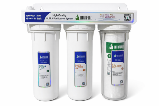 Aqua Zoom Ultra Pure 3-Stage water filter system with ultrafiltration cartridges, including PPF, CTO, and UDF, for clean drinking water.