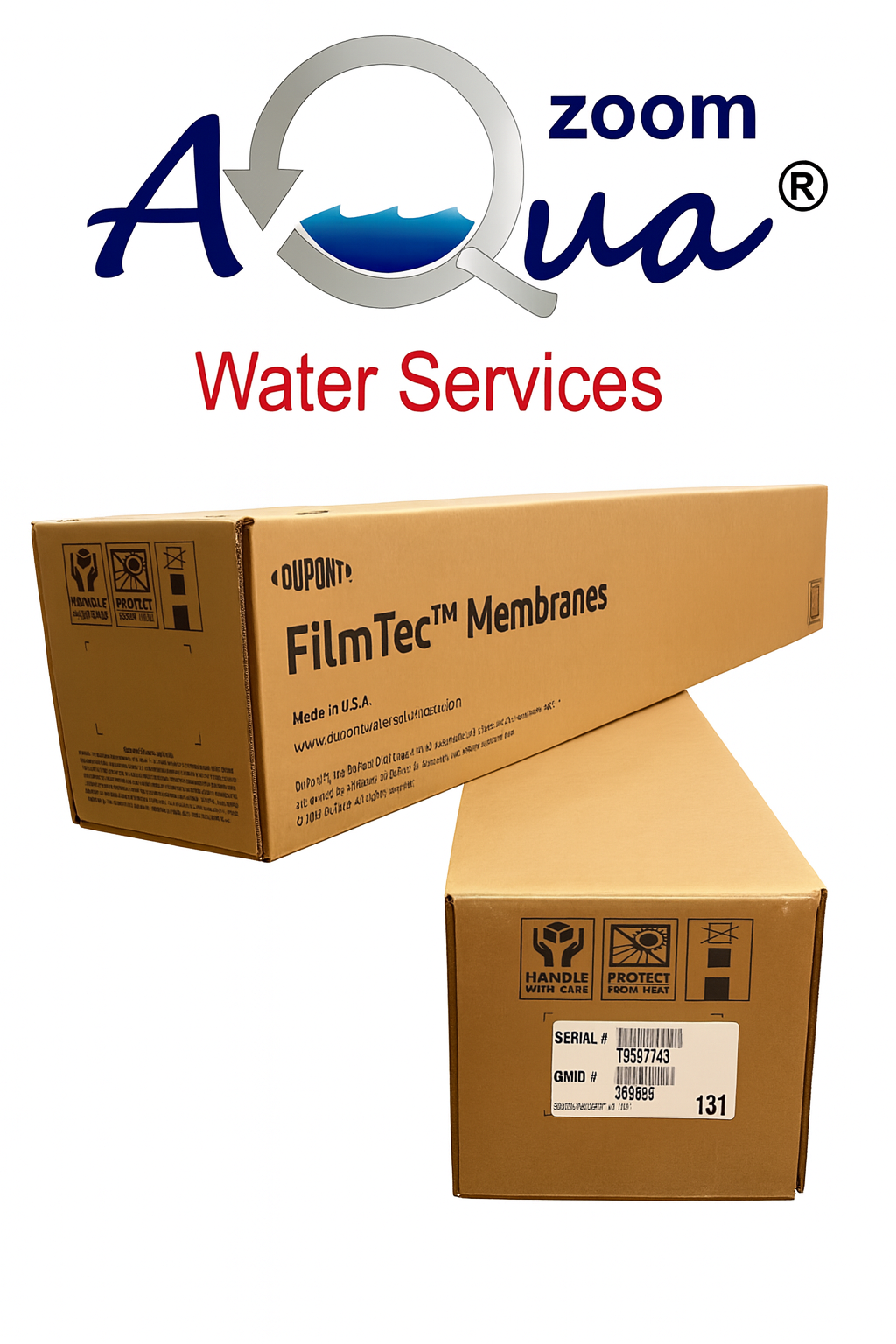 Aqua Zoom FilmTec BW-8040 RO membrane for industrial brackish water filtration, showing the white membrane element.