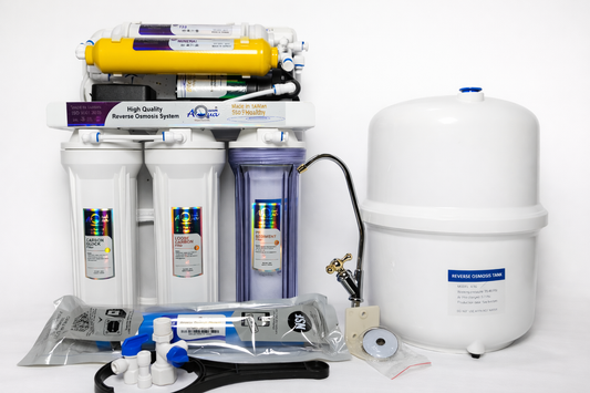 Aqua Zoom 6-stage reverse osmosis water filter system for homes with mineral water production, NSF certified, installed in a kitchen.
