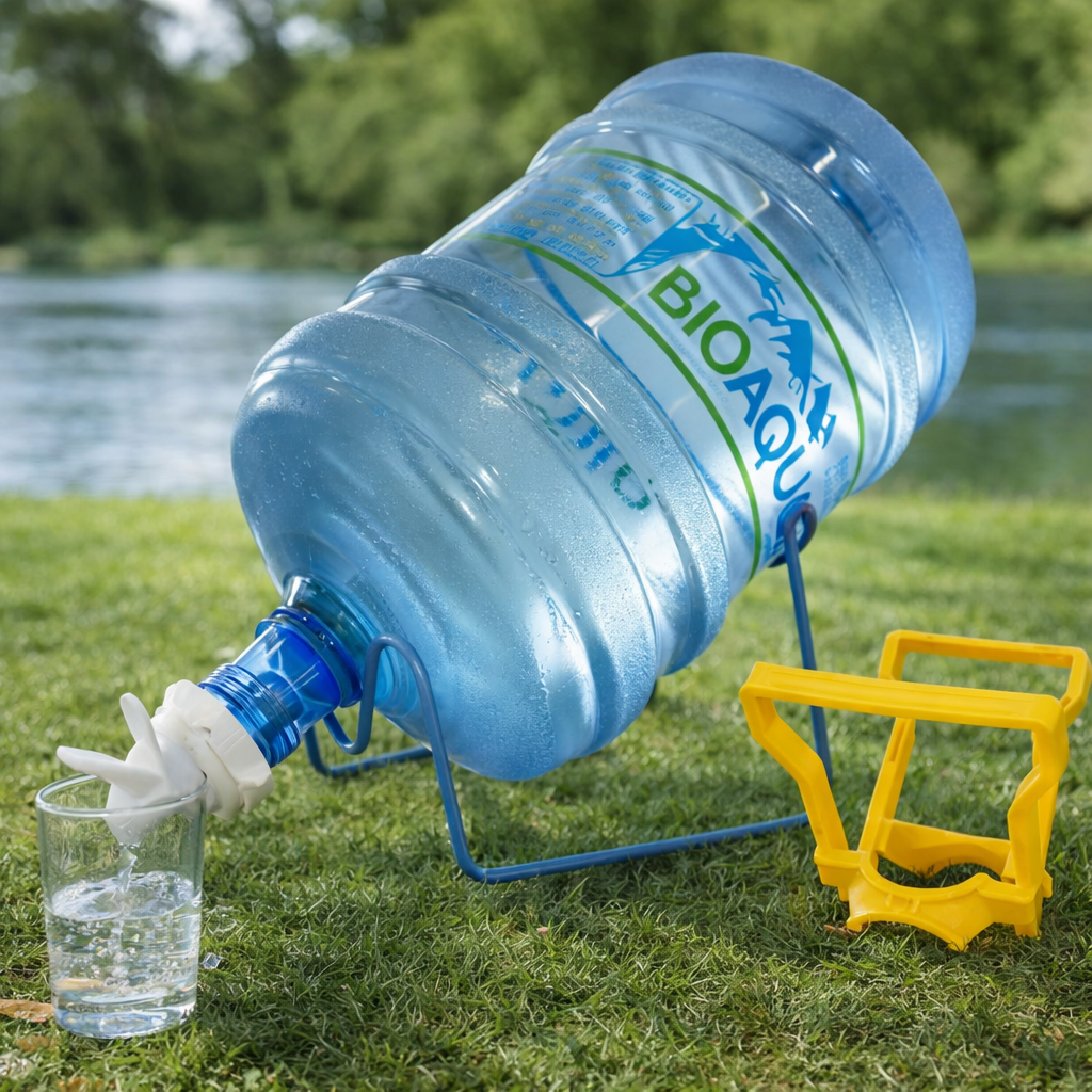 Aqua Zoom water bottle pump stand with tap and handle, designed for easy dispensing of bottled water.