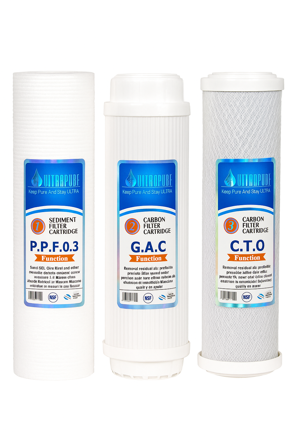 Aqua Zoom Ultra 10-inch water filtration cartridge set with three replacement filters for RO and simple filtration systems.
