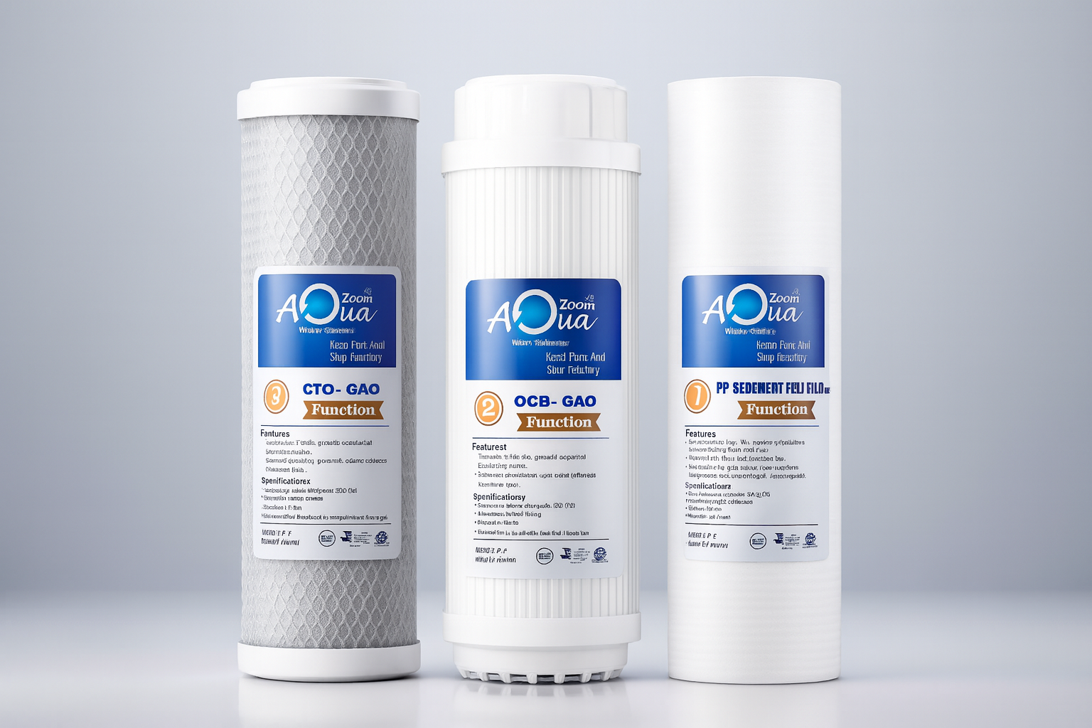 Set of three 10-inch AQUA ZOOM reverse osmosis water filter cartridges (PPF, GAC, CTO) for sand, dirt, and chlorine removal.