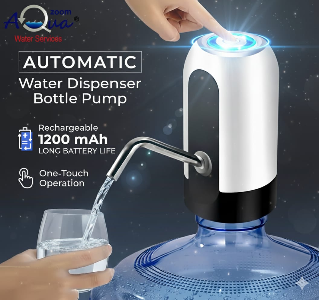 AQUA ZOOM electric water bottle pump with USB charging, compact portable water dispenser attached to a 19L bottle.