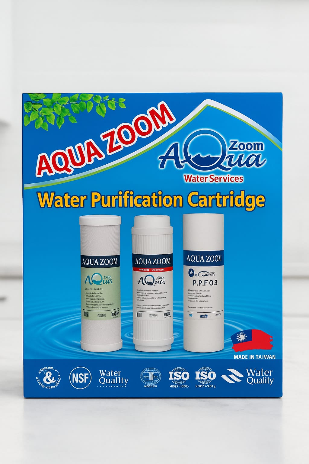 Aqua Zoom 10-inch reverse osmosis water filter cartridges set with PPF, GAC, and CTO filters for sand, dirt, and chlorine removal.