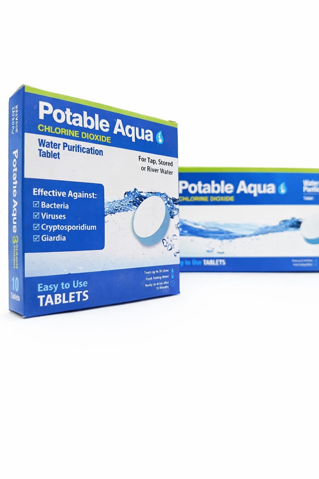 Potable Aqua Chlorine Dioxide water purification tablets by AQUA ZOOM for emergency drinking water treatment during camping and travel.