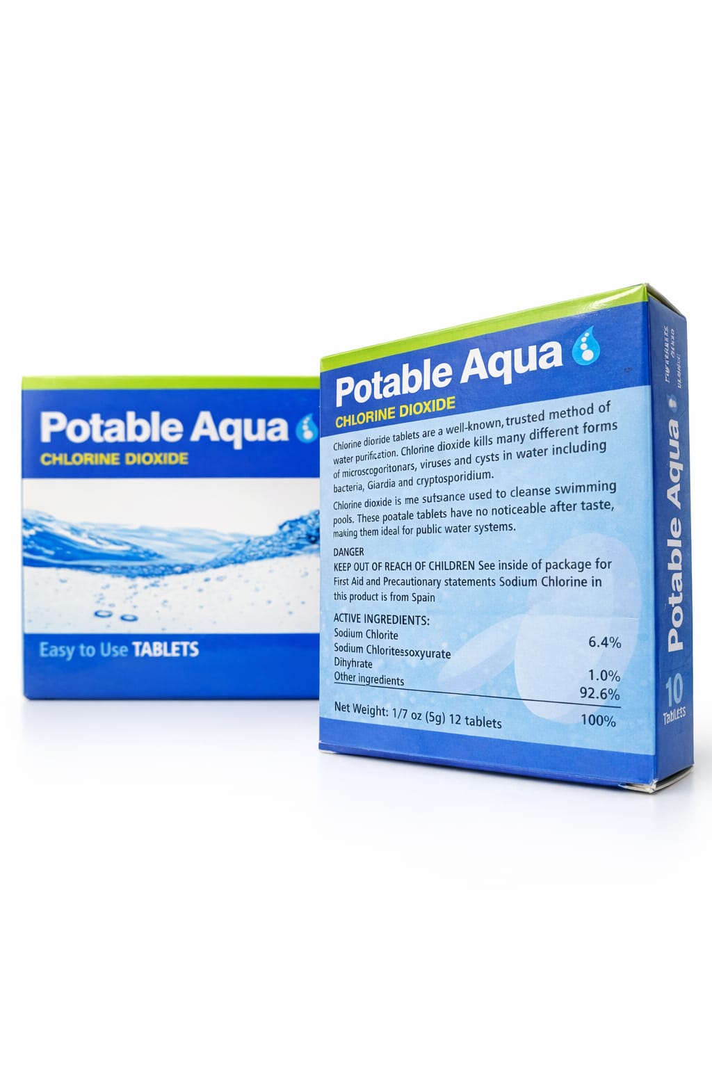 Aqua Zoom Potable Aqua Chlorine Dioxide water purification tablets in a small packet, suitable for camping and outdoor emergency water treatment.