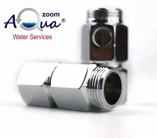 Aqua Zoom 3/4-inch quick-connect water filter fitting, durable reverse osmosis system feed water connector on white background.
