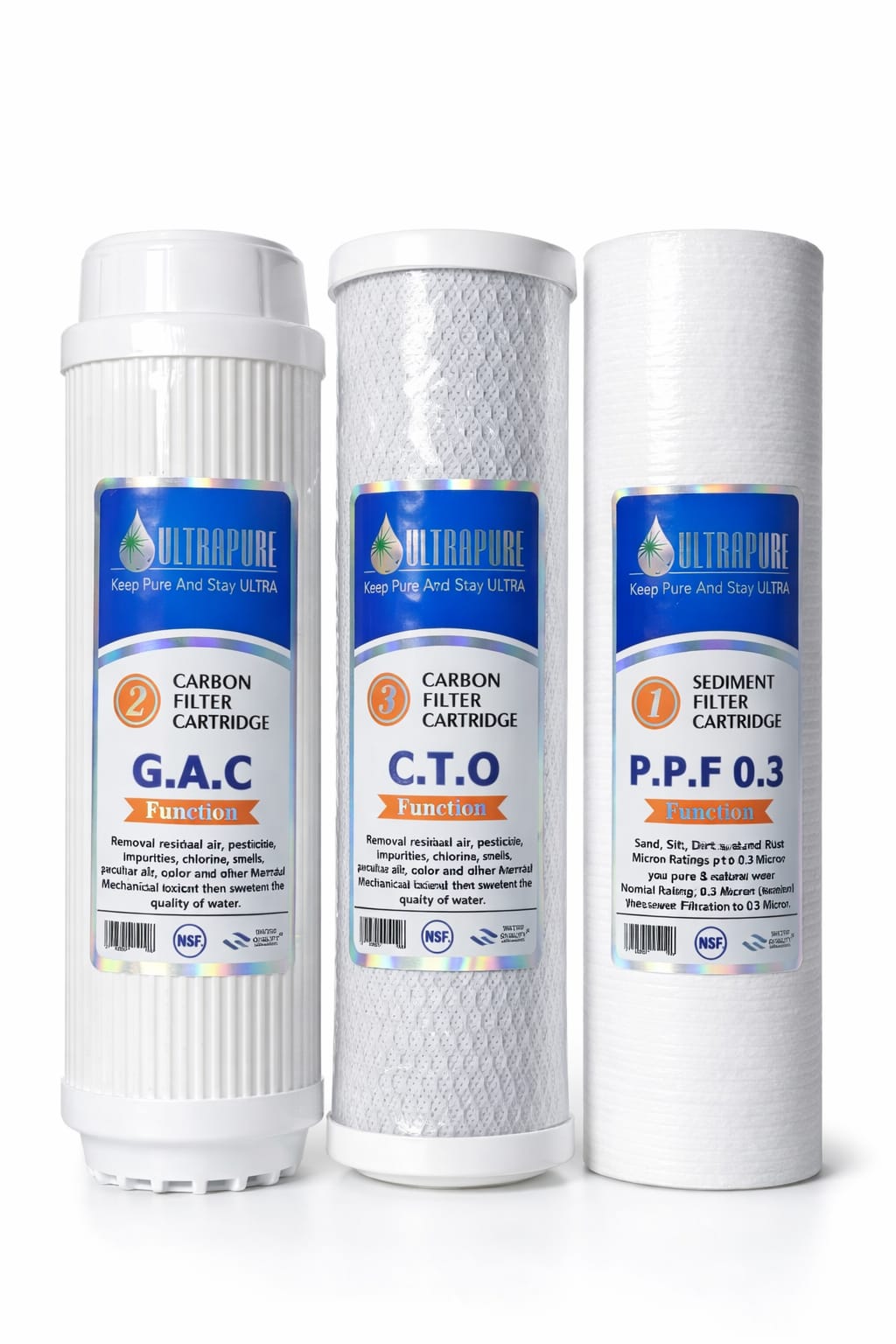 Aqua Zoom Ultra 10-inch water filtration cartridge set with three filter units for RO and simple filtration systems.