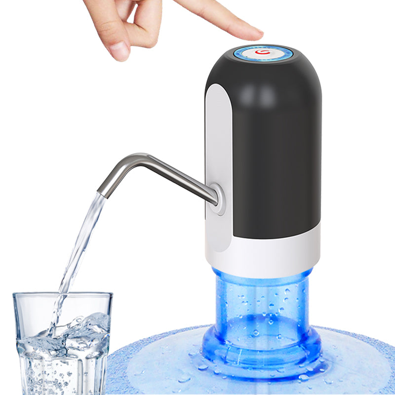 AQUA ZOOM USB rechargeable automatic water bottle pump dispensing water from a 19L bottle with one-touch operation.