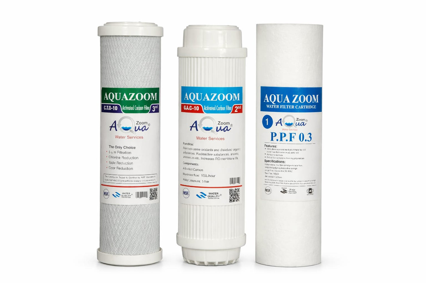 Aqua Zoom 10-inch reverse osmosis water filter cartridges set with PPF, GAC, and CTO filters for removing sand, dirt, and chlorine