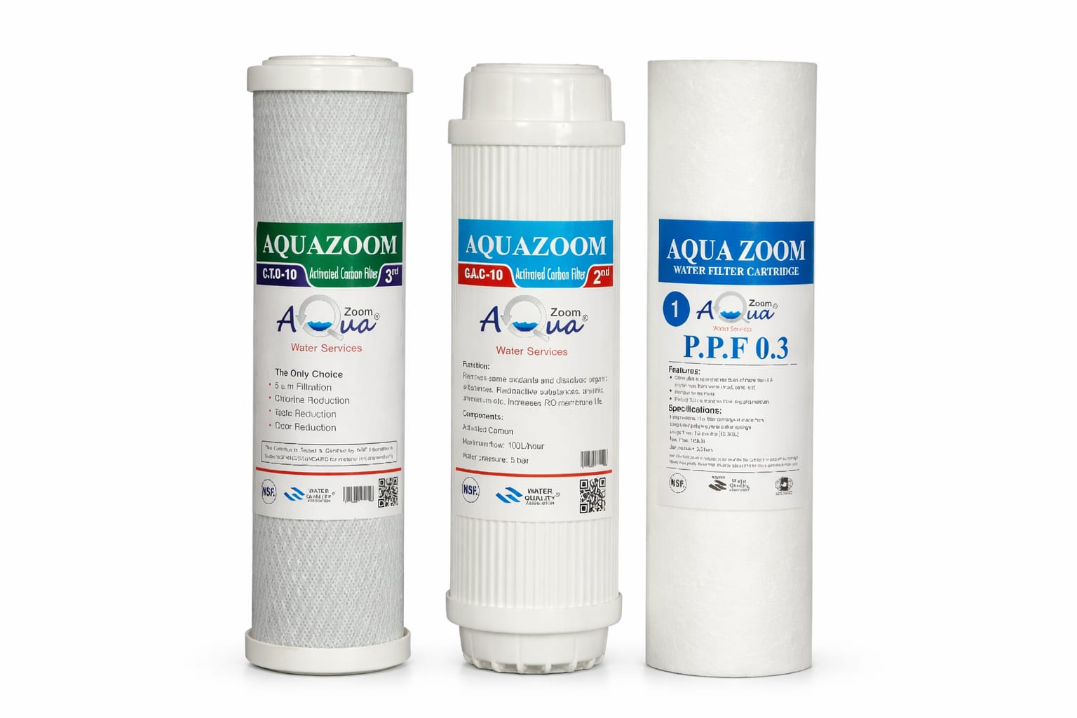Aqua Zoom 10-inch reverse osmosis water filter cartridges set with PPF, GAC, and CTO filters for removing sand, dirt, and chlorine