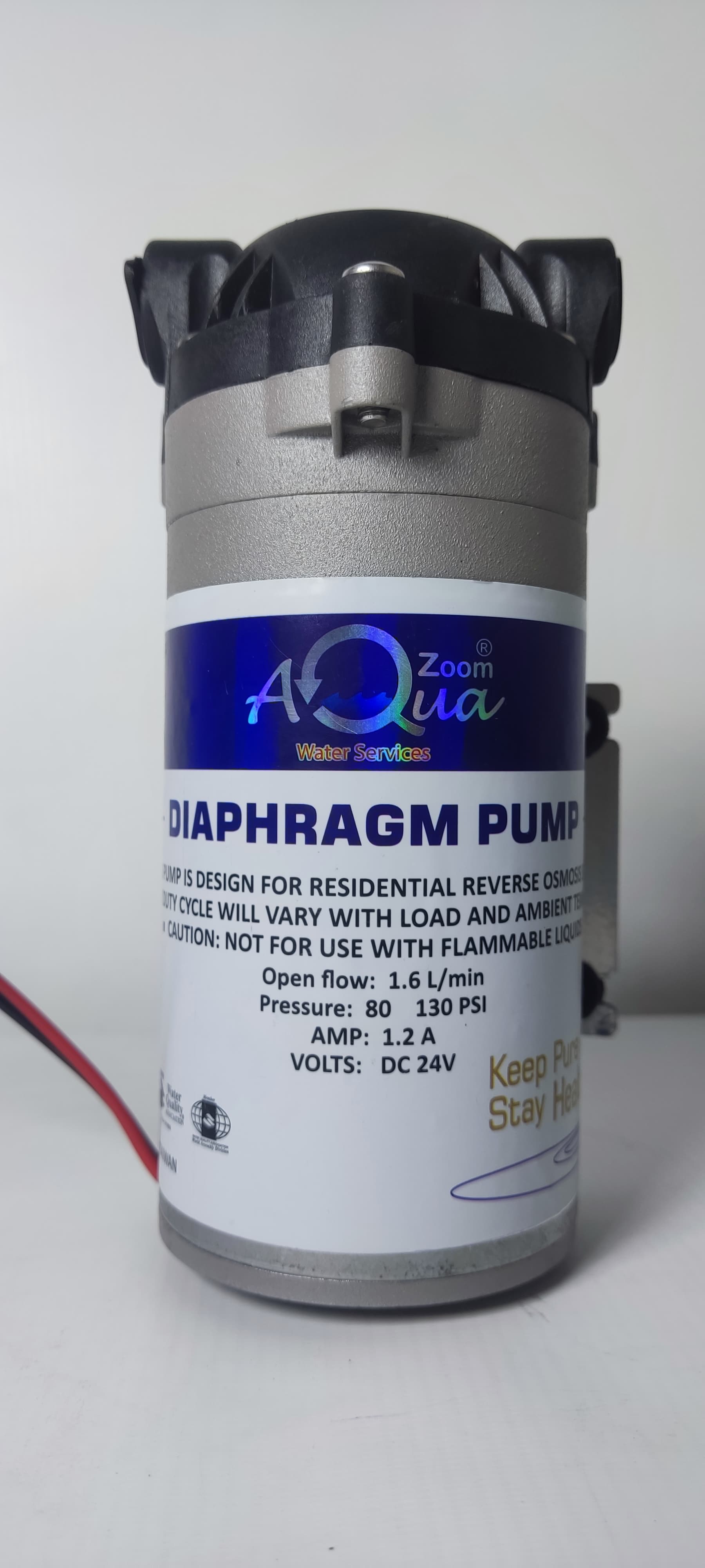 Aqua Zoom 100GPD diaphragm booster pump for RO water filter systems, high-pressure water filter accessory in Pakistan.