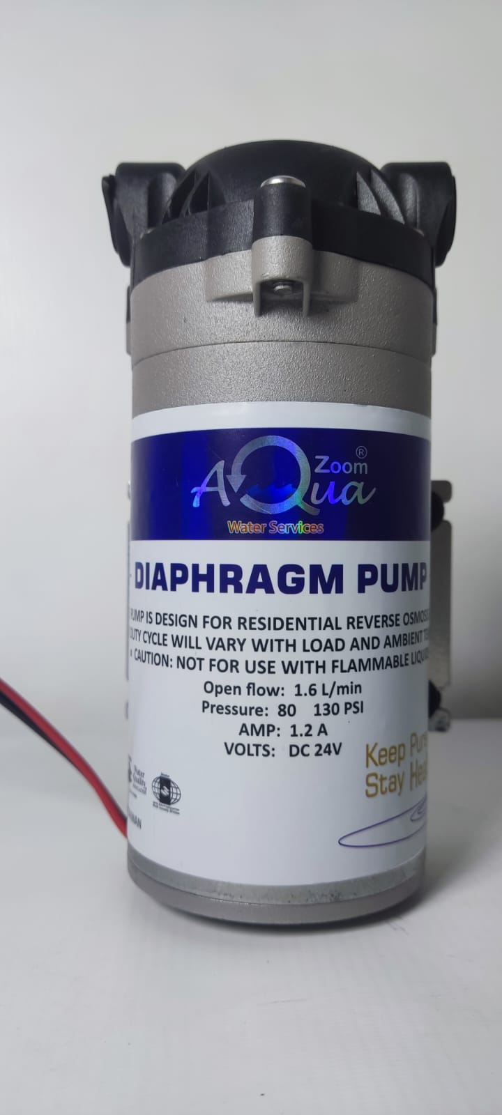 Aqua Zoom 100GPD diaphragm booster pump for RO water filtration system, compact high-pressure water filter accessory in Pakistan.